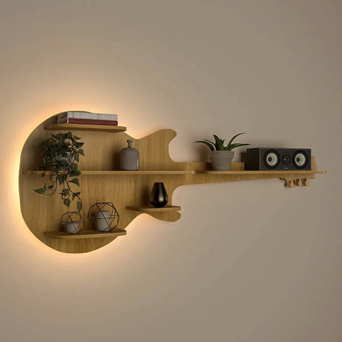 Guitar Backlit Wood Wall Shelf / Book Shelf / Night Light, Light Oak Finish