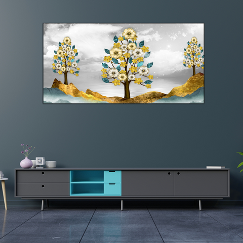 Brown Trees with Golden Flowers Canvas Print Wall Painting