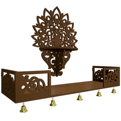 Beautiful Wall Wooden Temple/ Pooja Mandir Design With Shelf, Brown Color