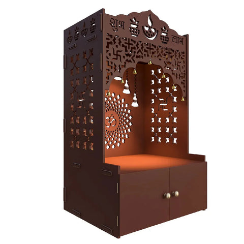 Divine Designer Wooden Floor Temple with Spacious Shelf & Inbuilt Focus Light- Pooja Mandir Brown