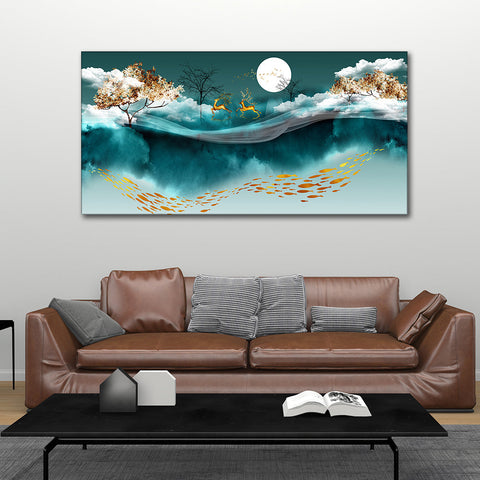 Luxurious Modern Art of Mountains and Deer Premium Wall Painting