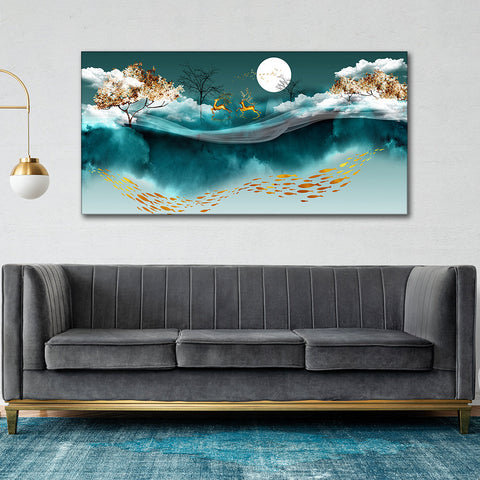 Luxurious Modern Art of Mountains and Deer Premium Wall Painting