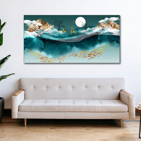 Luxurious Modern Art of Mountains and Deer Premium Wall Painting