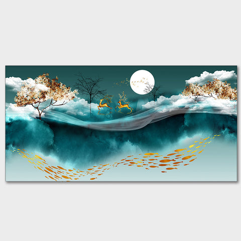 Luxurious Modern Art of Mountains and Deer Premium Wall Painting