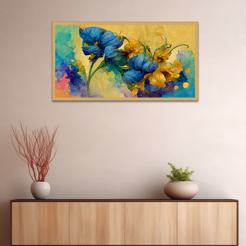 Abstract Blue and Gold floral Canvas Floating Frame Painting for Wall Decoration