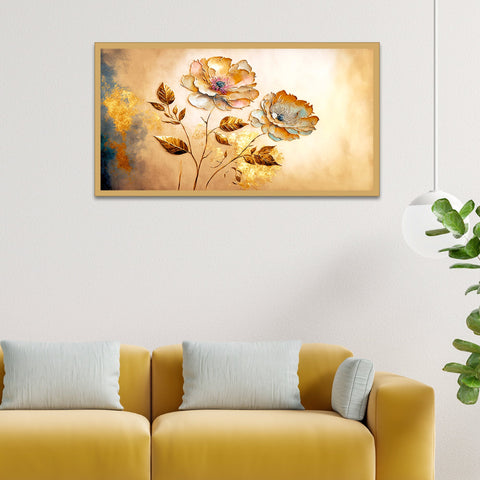 Golden Flower Abstract Canvas Floral Floating Framed Canvas Wall Painting