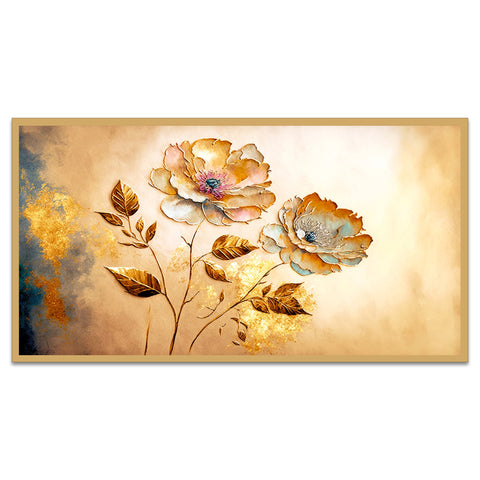 Golden Flower Abstract Canvas Floral Floating Framed Canvas Wall Painting