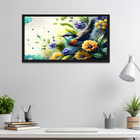 Adorable Bird with Flowers Canvas Framed Floral Painting for Wall Decoration