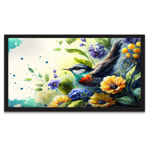 Adorable Bird with Flowers Canvas Framed Floral Painting for Wall Decoration