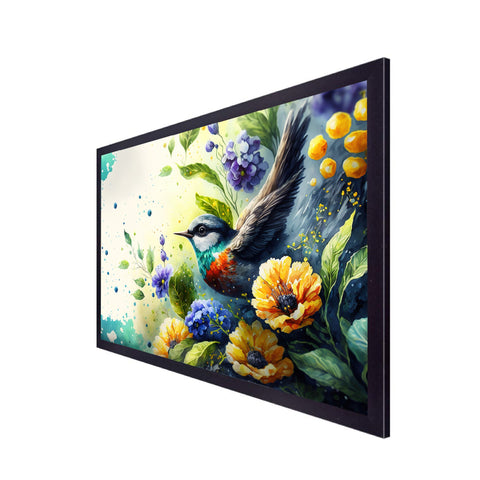 Adorable Bird with Flowers Canvas Framed Floral Painting for Wall Decoration