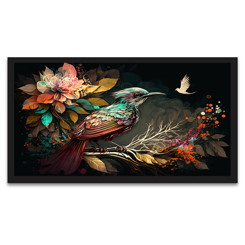 Colorful Bird with Flower Branch Floating Frame Canvas Wall Painting