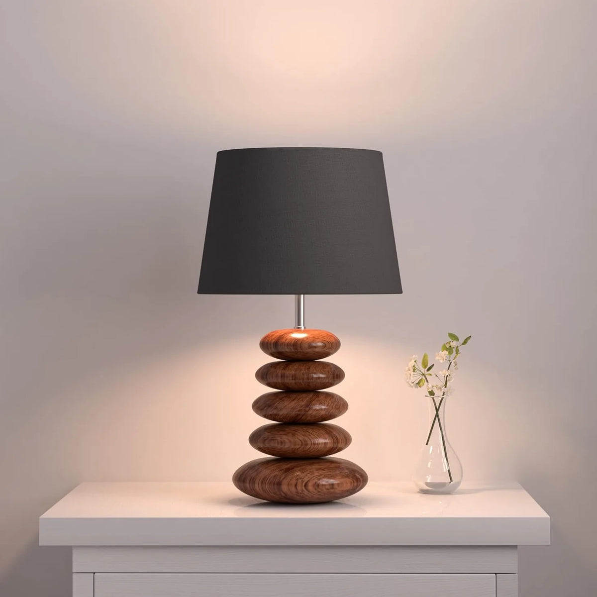 Wooden Pebble Table Lamp 18 Inches Height With 10 Inches Diameter Black Lamp Shade