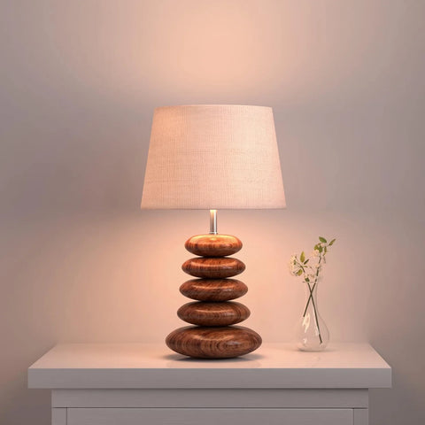 Wooden Pebble Table Lamp 18 Inches Height With 10 Inches Diameter Cream Jute Lamp Shade