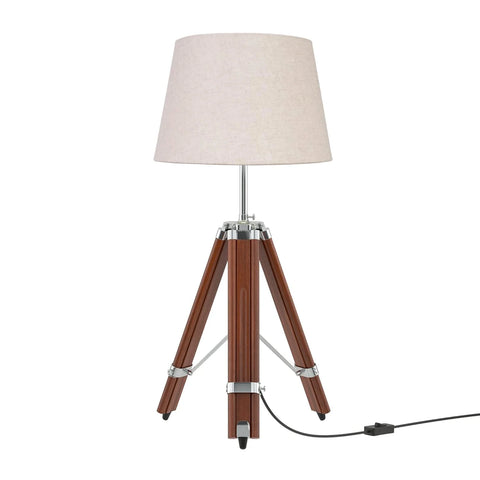 Tripod Table Lamp Wooden Brown Polished and Stainless Steel 24 Inches Adjustable Height with 12 inches Off White Lampshade