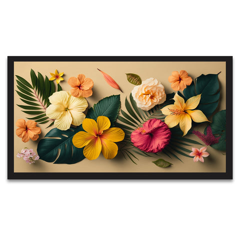 Beautiful Flower with Hibiscus Leaves Floating Frame Canvas Wall Painting