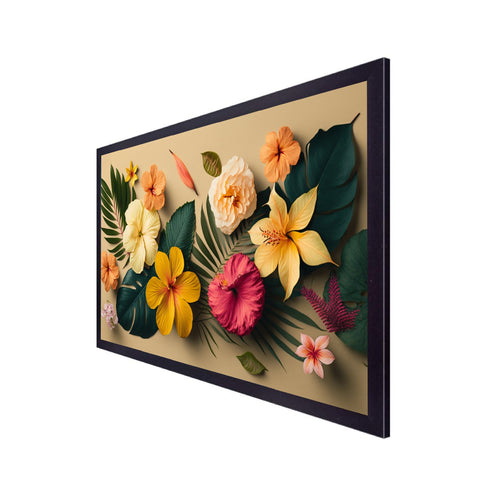 Beautiful Flower with Hibiscus Leaves Floating Frame Canvas Wall Painting