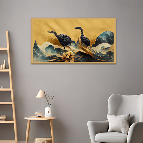 Crane Birds with Golden Flower Floating Frame Canvas Wall Painting