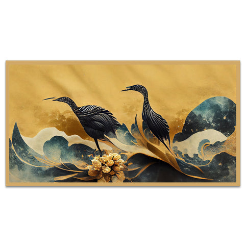 Crane Birds with Golden Flower Floating Frame Canvas Wall Painting