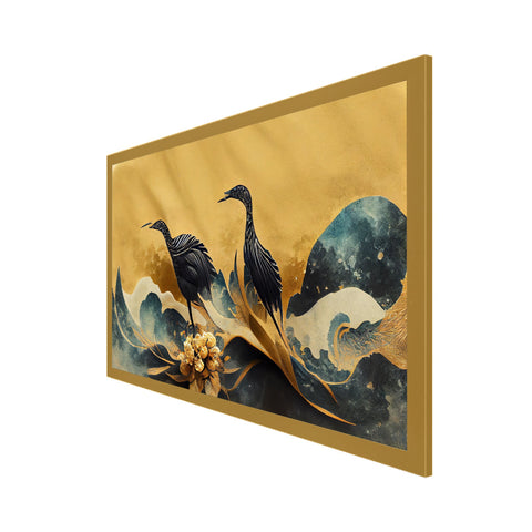 Crane Birds with Golden Flower Floating Frame Canvas Wall Painting