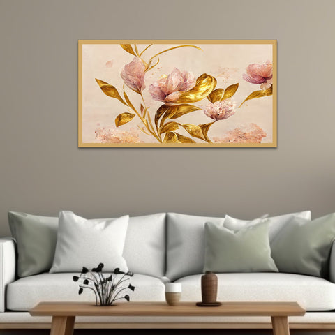 Pink Flower with Golden Leaf Floating Frame Canvas Wall Painting