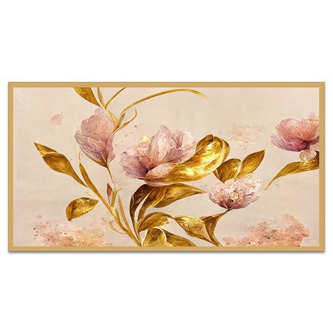 Pink Flower with Golden Leaf Floating Frame Canvas Wall Painting