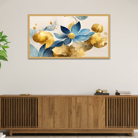 Elegant Blue Flowers with Golden Leaf Floating Framed Canvas Wall Painting