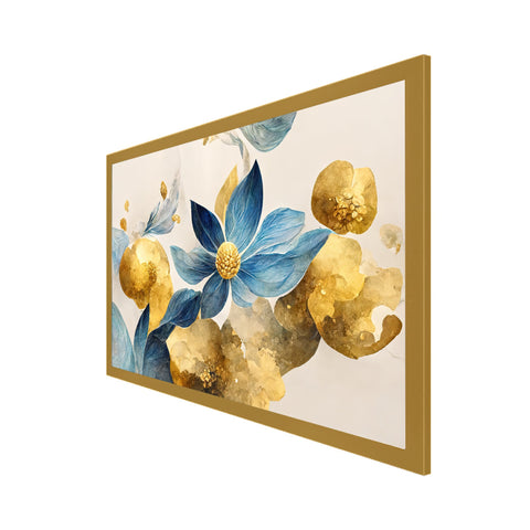 Elegant Blue Flowers with Golden Leaf Floating Framed Canvas Wall Painting