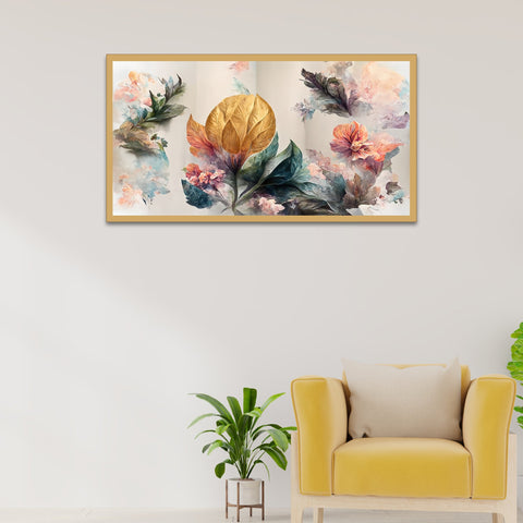 Luxurious Art of Golden Flowers Floating Frame Canvas Wall Painting