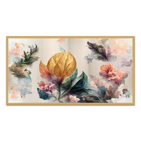 Luxurious Art of Golden Flowers Floating Frame Canvas Wall Painting