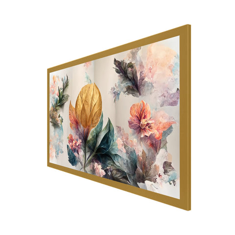 Luxurious Art of Golden Flowers Floating Frame Canvas Wall Painting