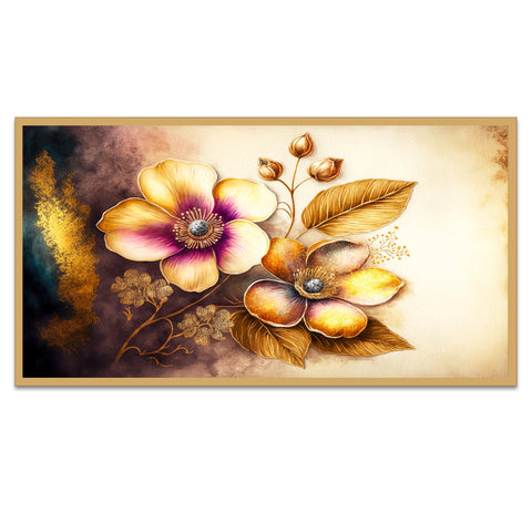 Abstract Golden Flower Frame Canvas Painting for Bedroom, Living Room Wall DÃ©cor