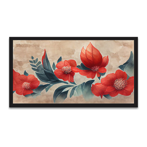 Red Flower Background with Japanese Floral Pattern Illustration Canvas Wall Painting