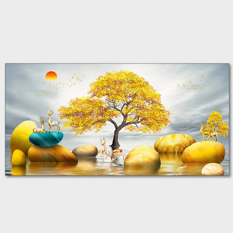 Canvas Wall Painting of Golden Trees With Deer