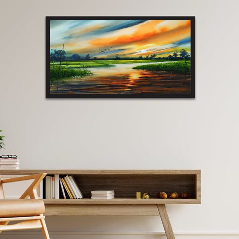 Sunset in Country Side Textured Floating Frame Canvas Wall Paintings