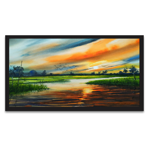 Sunset in Country Side Textured Floating Frame Canvas Wall Paintings