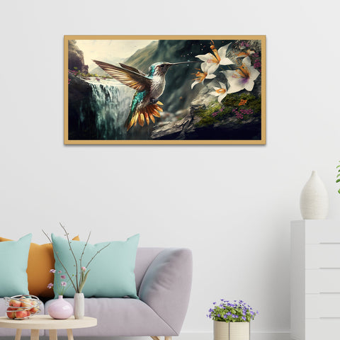 Beautiful Bird with Blue Gold Feathers Flower Nature Landscape Art Print Canvas Floating Frame Wall Painting