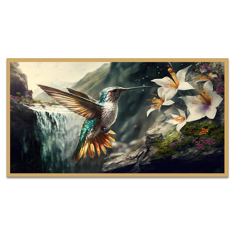 Beautiful Bird with Blue Gold Feathers Flower Nature Landscape Art Print Canvas Floating Frame Wall Painting