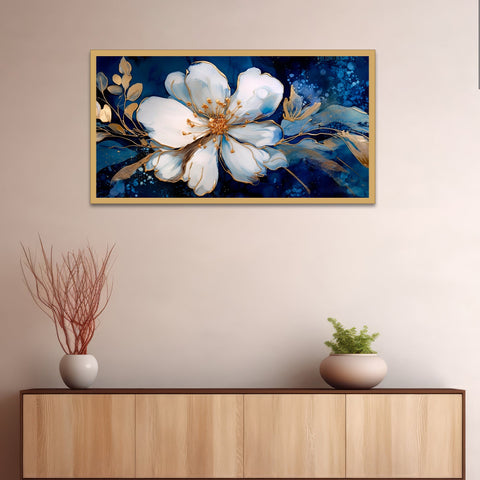 Beautiful Botanical White Gold Flowers Floating Frame Canvas Wall Painting