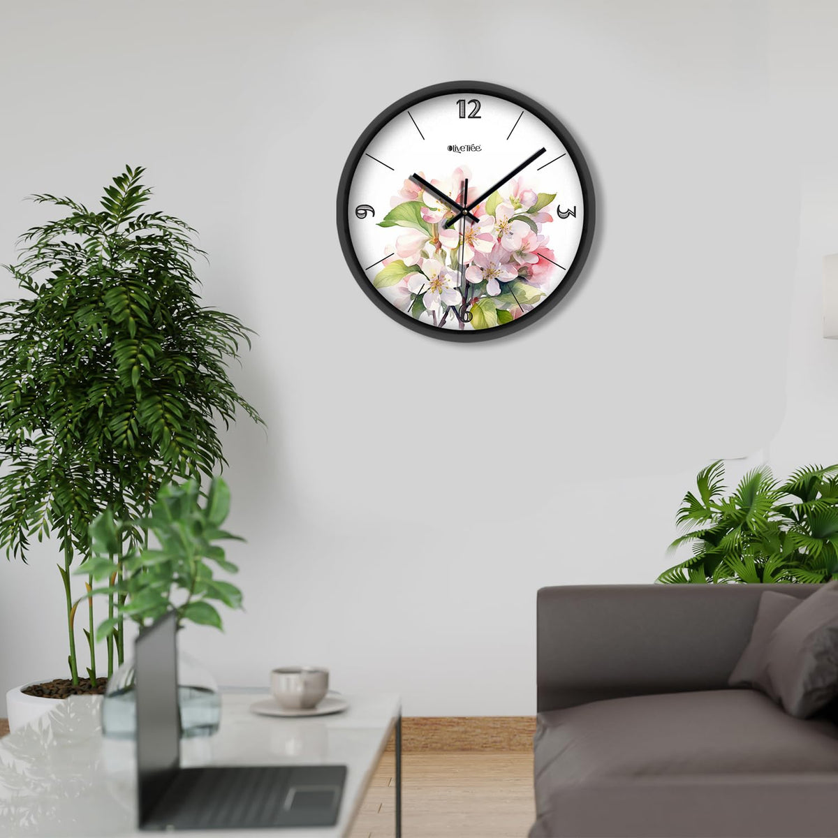 Olive Tree Wall Clock for Living Room, Home, Bedroom Walls, Kitchen, Office, Round Shape Designer Plastic Wall Clock for Home Decor, 12- inch,30 x 30 cm -9371