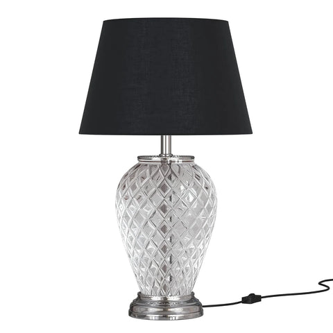 Diamond Cut Glass Table Lamp Silver Finish 23 Inches Height With Black 14 Inches Diameter Lampshade