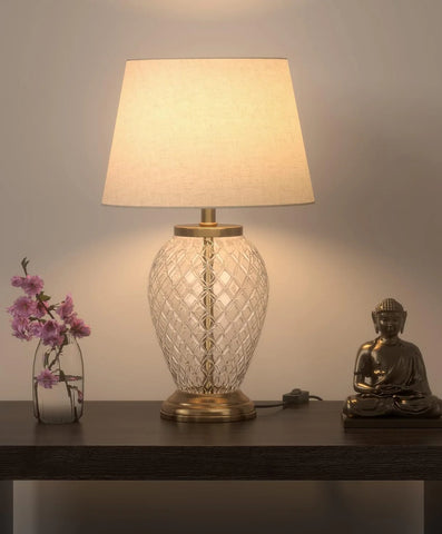 Diamond Cut Glass Table Lamp Brass Antique Finish 19 Inches Height With Off White 12 Inches Diameter Lampshade