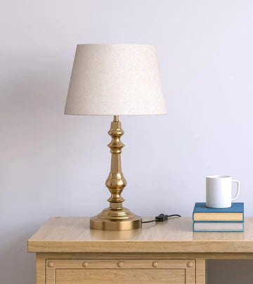 Table Lamp Brass Antique Gold 21 inches Height with Off White 12 inches Diameter Lampshade