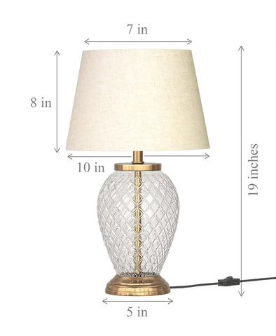 Diamond Cut Glass Table Lamp Brass Antique Finish 19 Inches Height With Off White 12 Inches Diameter Lampshade