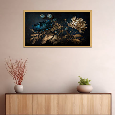 Blue Gold Flowers Floating Frame Canvas Wall Paintings for Home and Office DÃ©cor