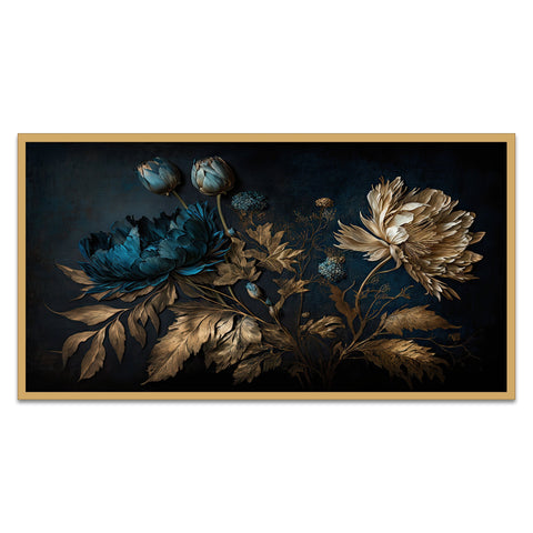 Blue Gold Flowers Floating Frame Canvas Wall Paintings for Home and Office DÃ©cor