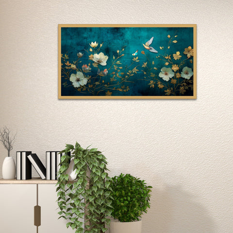 White and Gold Color Flower With Floating Frame Canvas Wall Painting