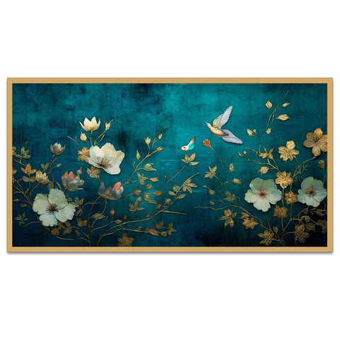 White and Gold Color Flower With Floating Frame Canvas Wall Painting