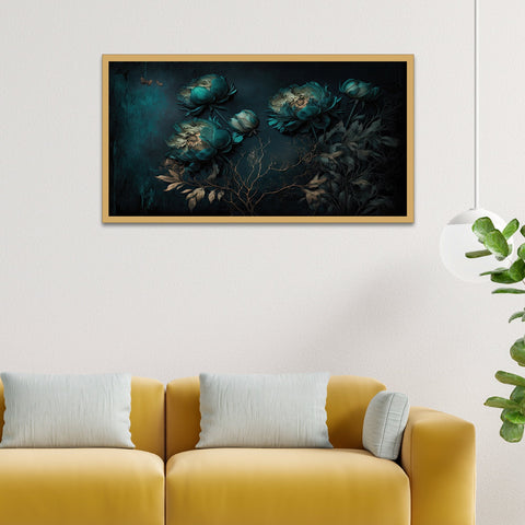 Teal Color Flowers Floating Frame Canvas Wall Painting