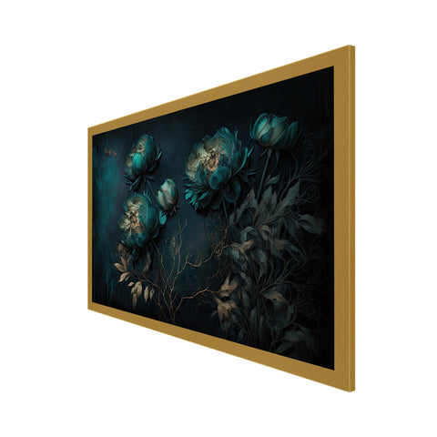 Teal Color Flowers Floating Frame Canvas Wall Painting