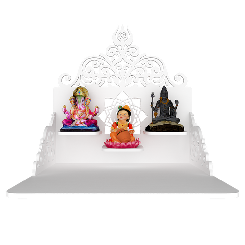 Beautiful Wall Hanging Wooden Temple/ Pooja Mandir Design with Shelf, White Color (DS019)